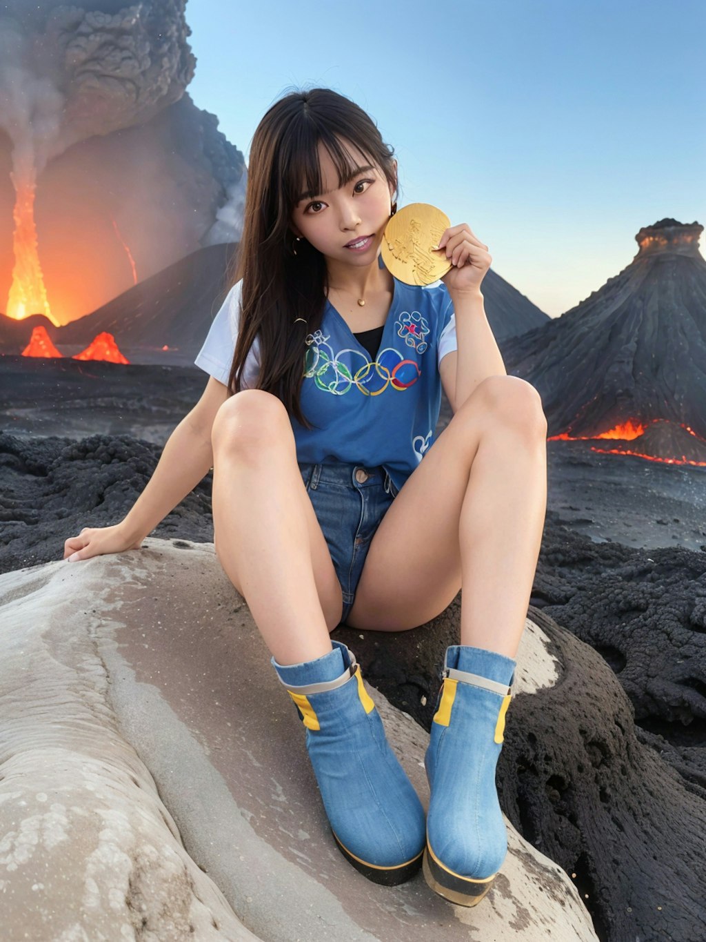 【謎画像・2000いいね記念】火山島で金メダルを食べるギャル