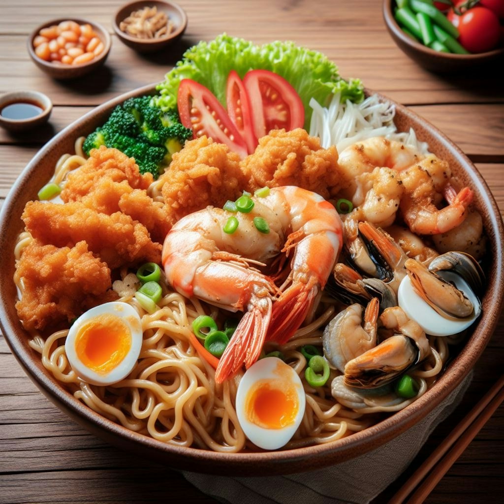 唐揚げメインのseafood noodle