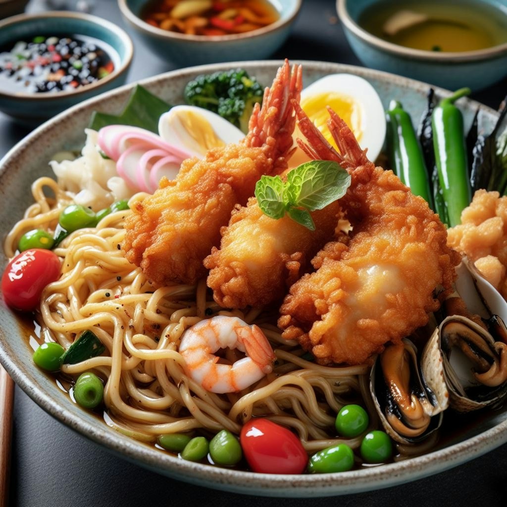 唐揚げメインのseafood noodle