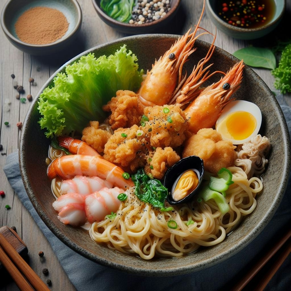 唐揚げメインのseafood noodle