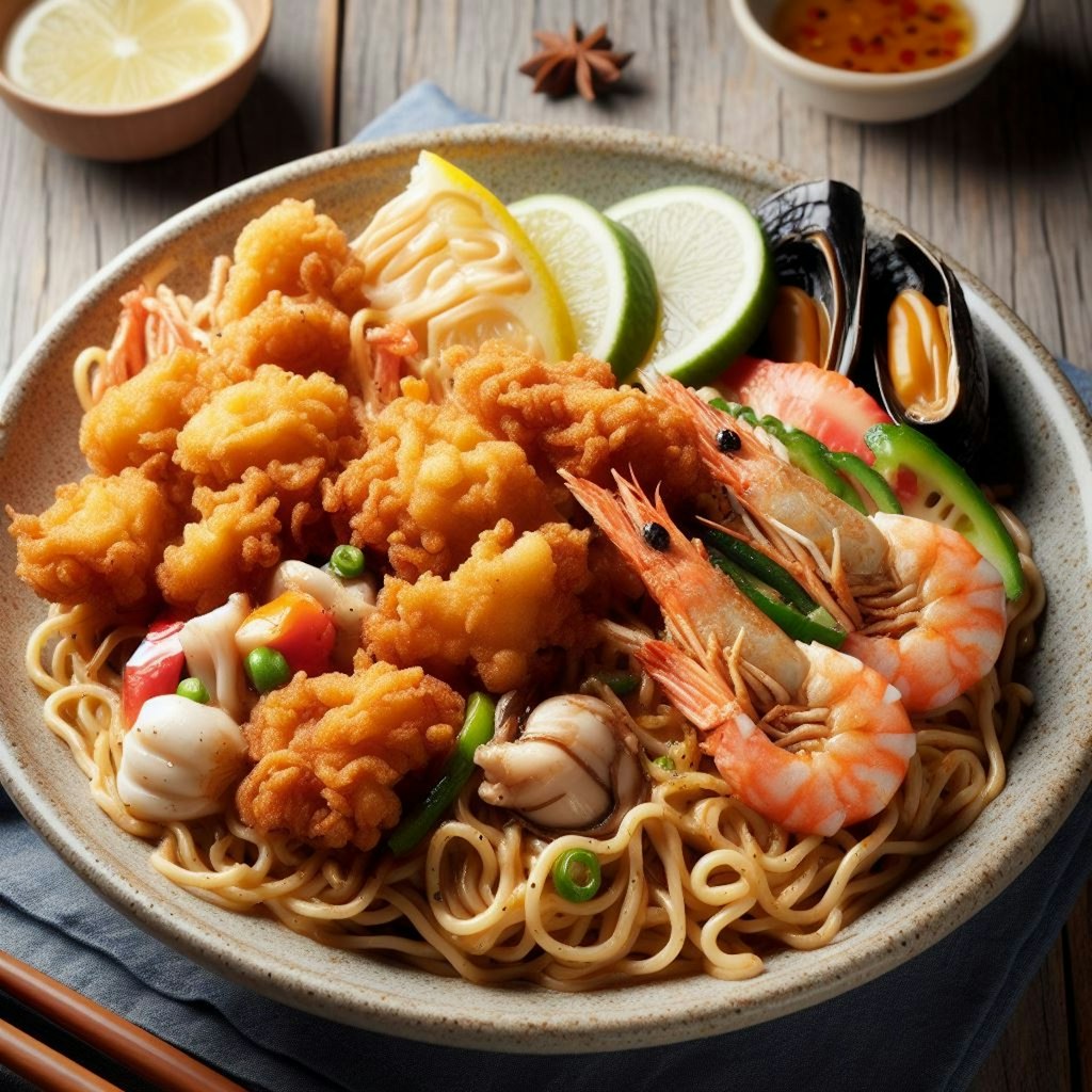 唐揚げメインのseafood noodle