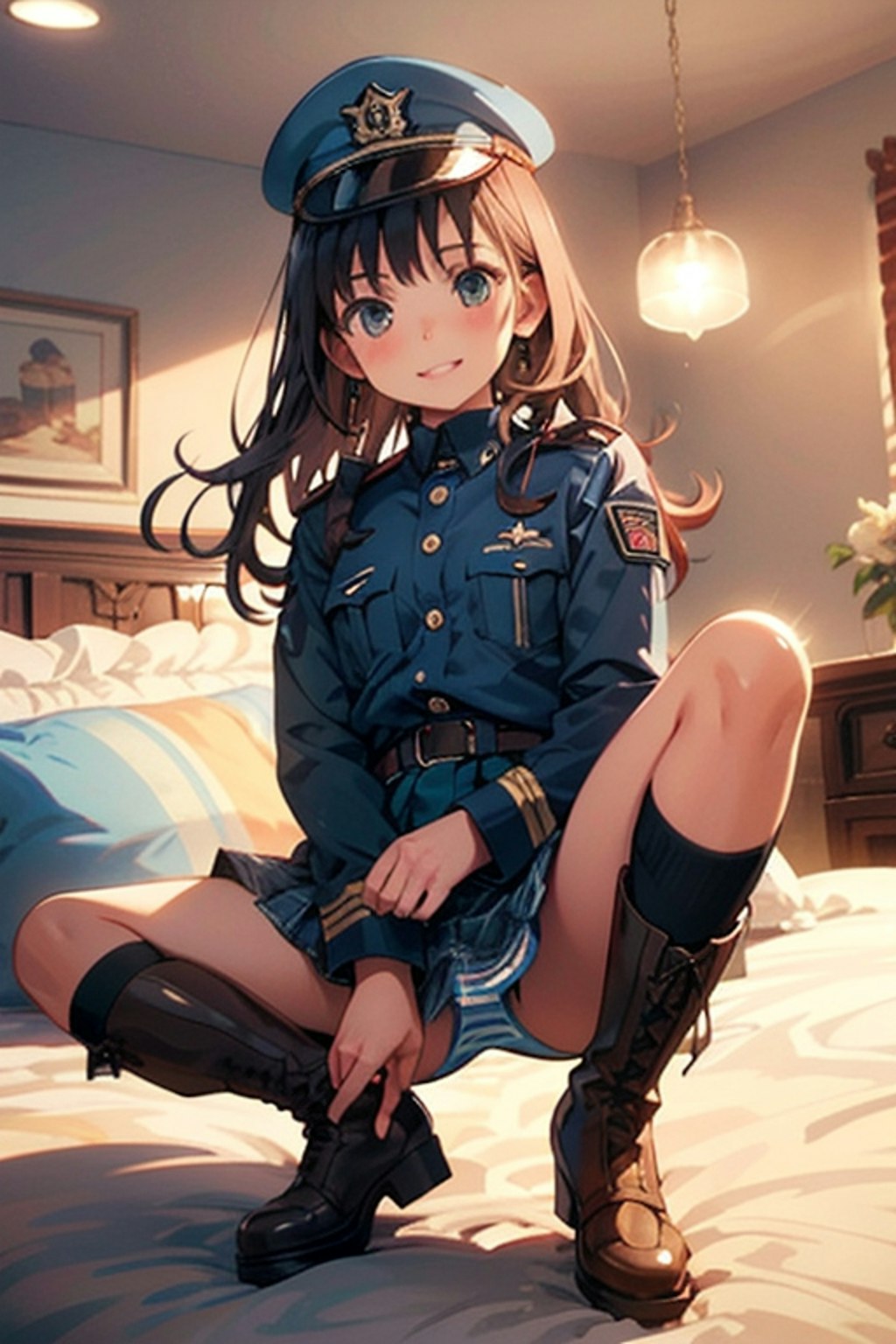 ベッドの上でしゃがむ軍服縞パン少女