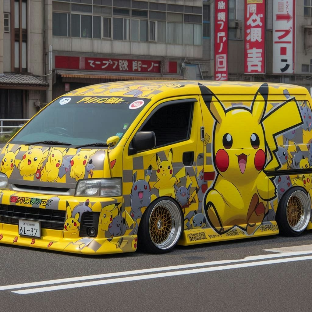 ピカチュウ柄のトヨタハイエースのドリ車