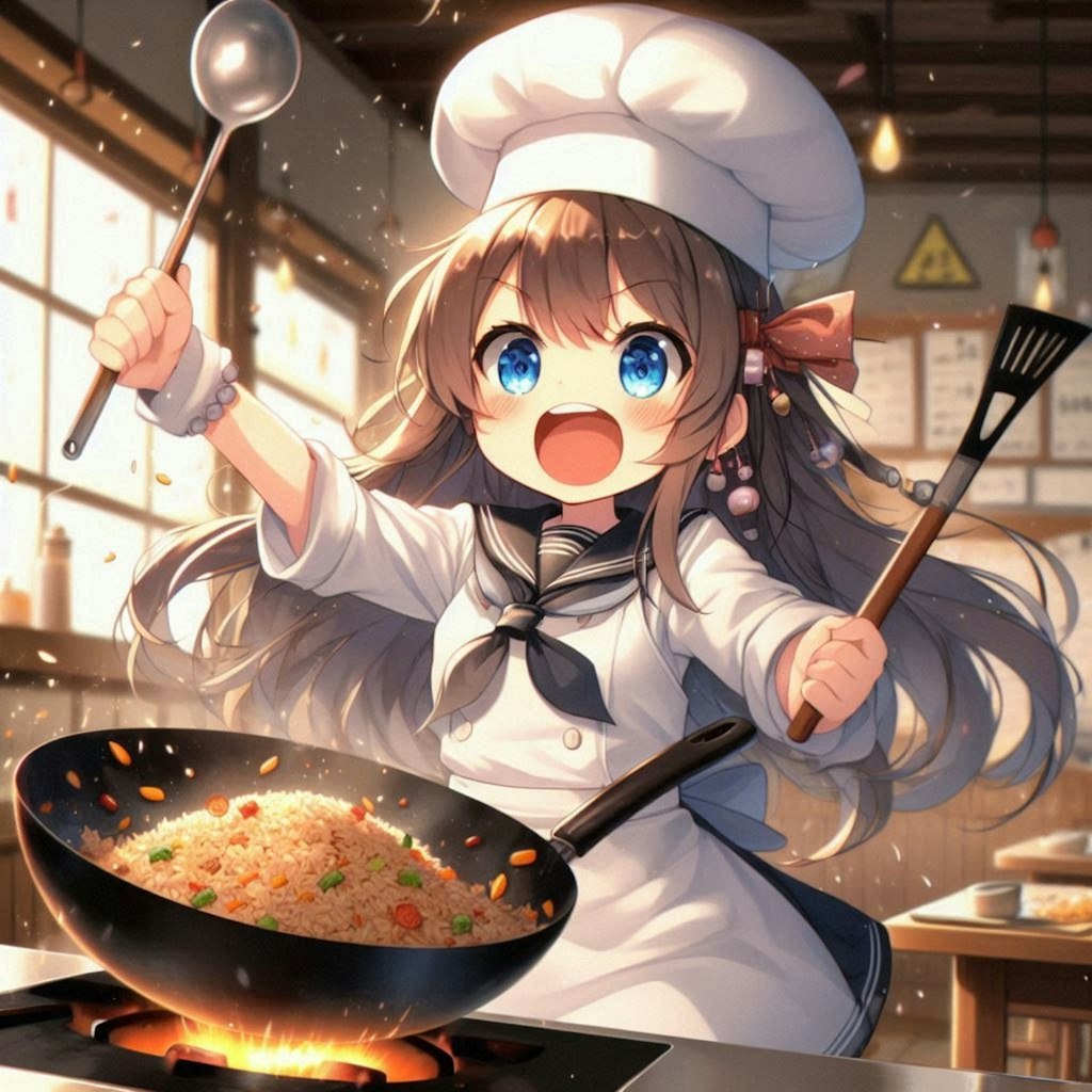 高らかに笑いながら料理をする小さな女の子