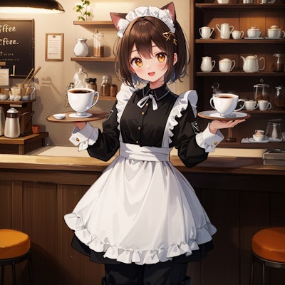 メイド服が制服の喫茶店で働く猫娘