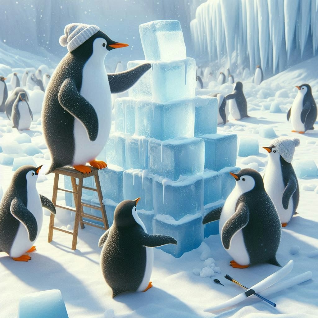 ペンギンさんたちの氷塔づくり