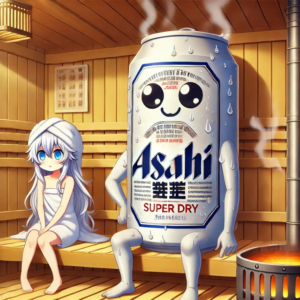 サウナで汗かくビール缶と小さな女の子