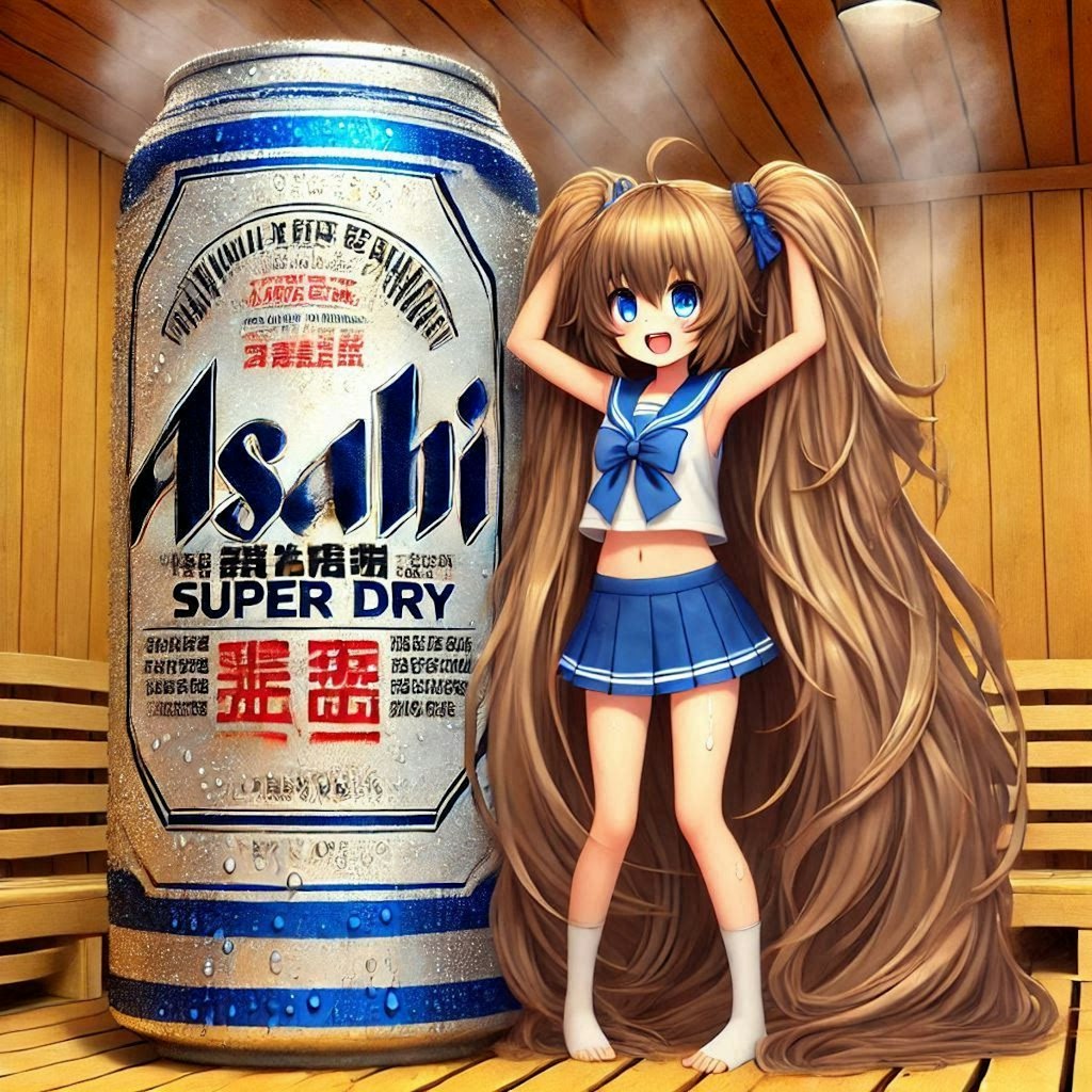 サウナで汗かくビール缶と小さな女の子