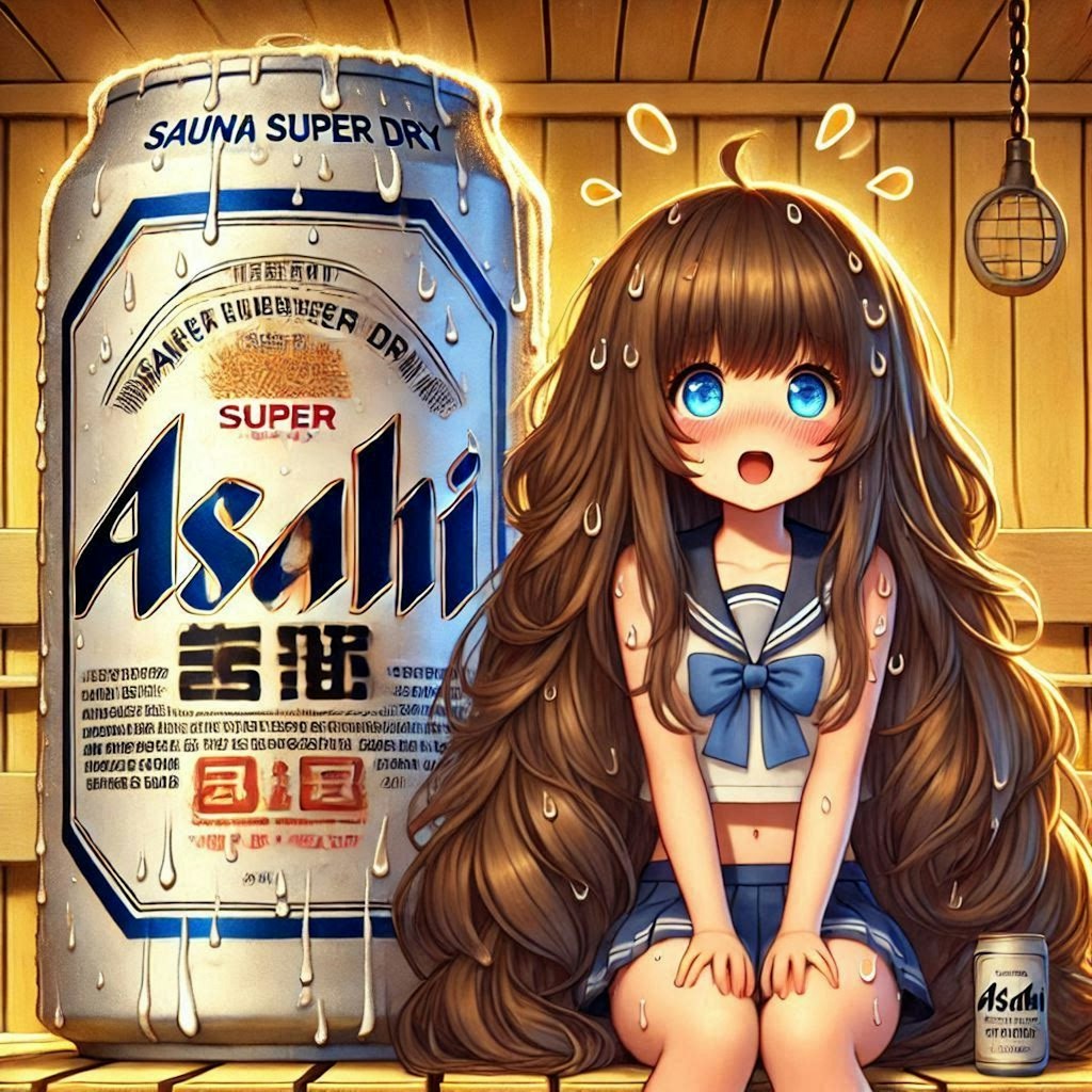 サウナで汗かくビール缶と小さな女の子