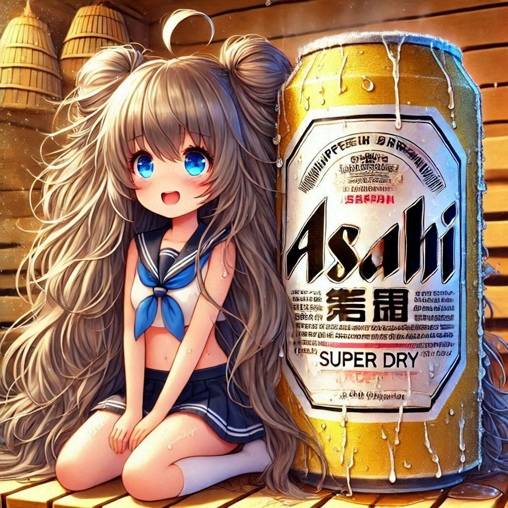 サウナで汗かくビール缶と小さな女の子