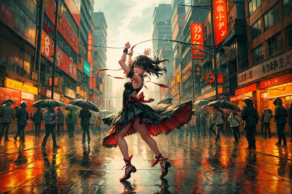 嵐の中、街中で歌い踊る少女（TMRごっこ）