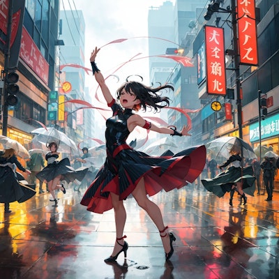 嵐の中、街中で歌い踊る少女（TMRごっこ）
