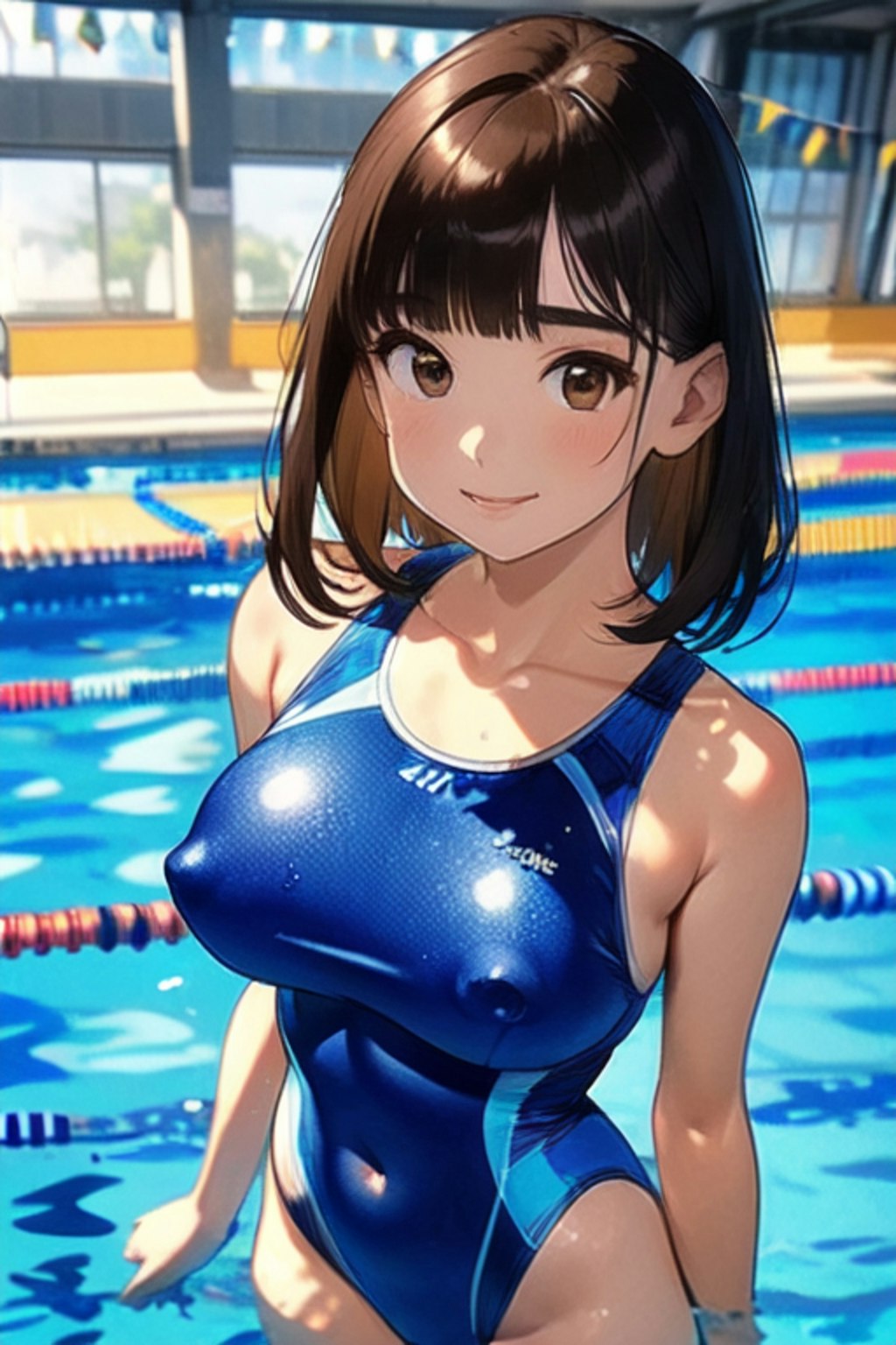 プールと競泳水着と女子高校生と