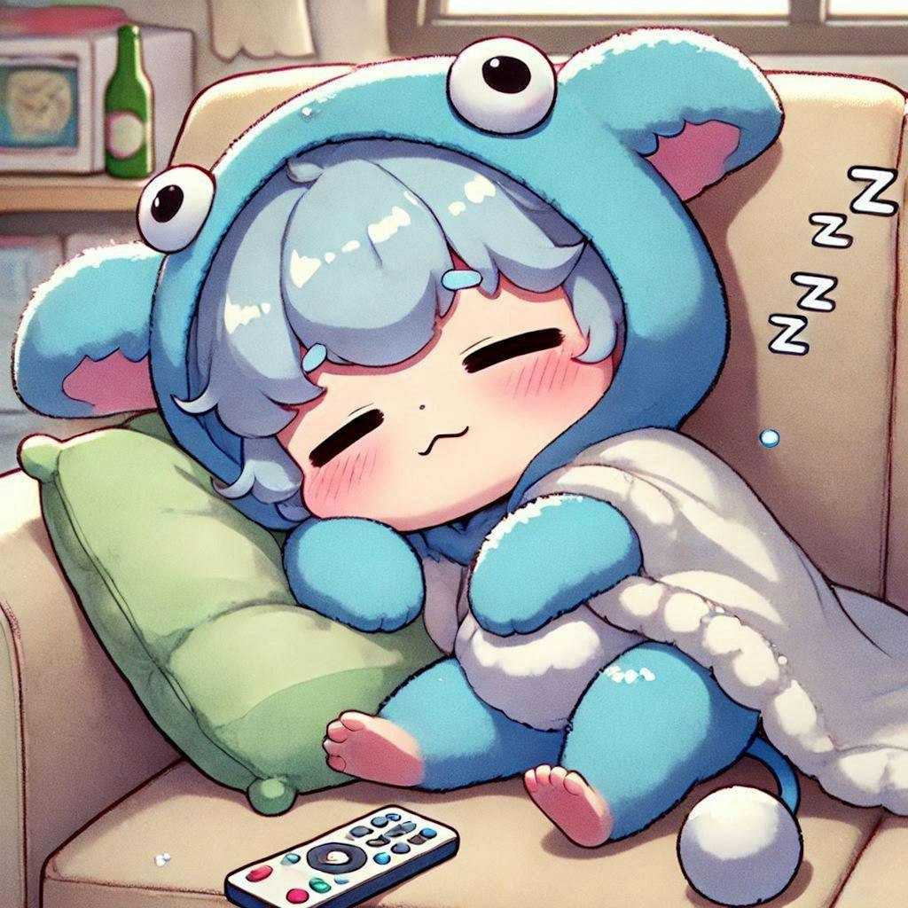 『A tiny cute monster sleeping on the sofa.』