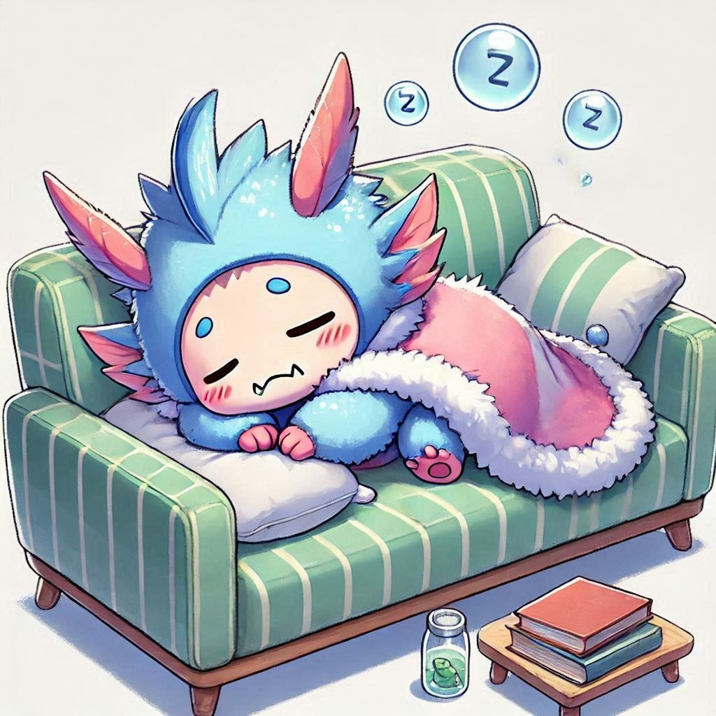 『A tiny cute monster sleeping on the sofa.』