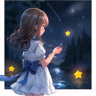 夜空に輝く星に願いを捧げる少女