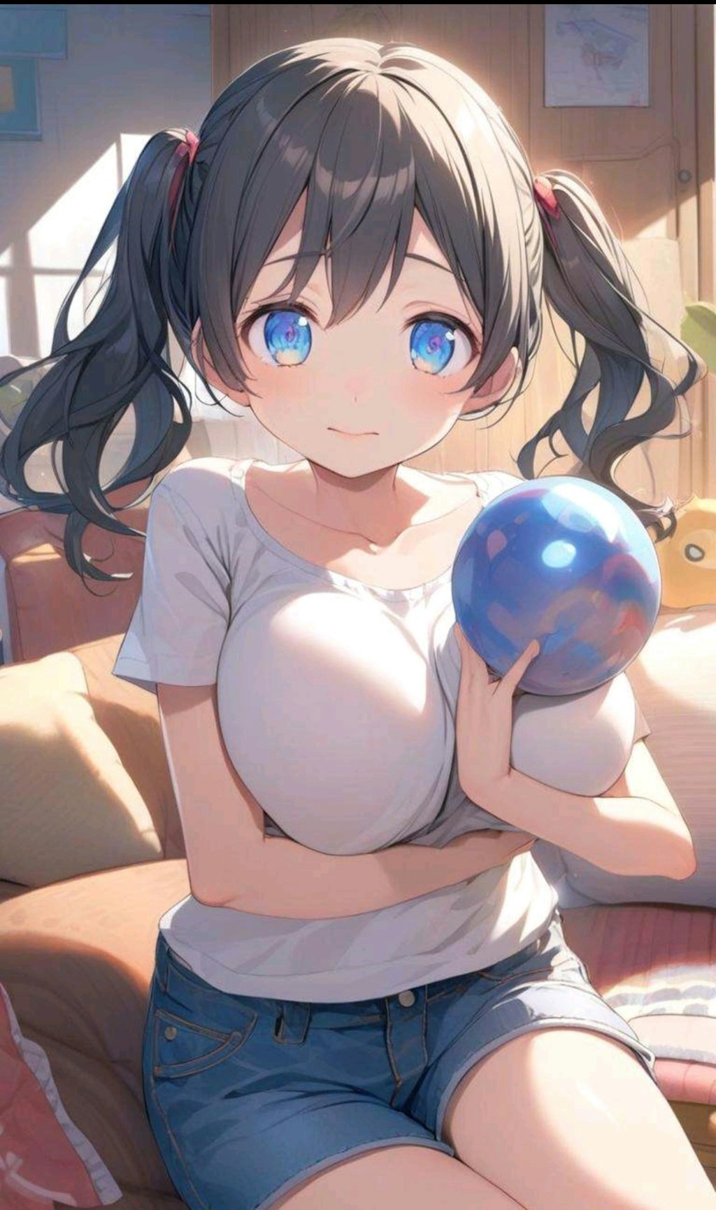 胸にボールを入れて巨乳ごっこな小さな女の子