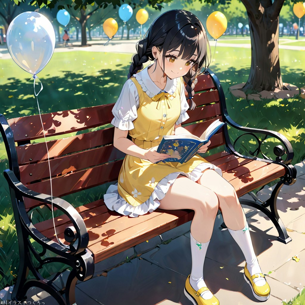 木陰のベンチでファンタジー小説を読む女の子