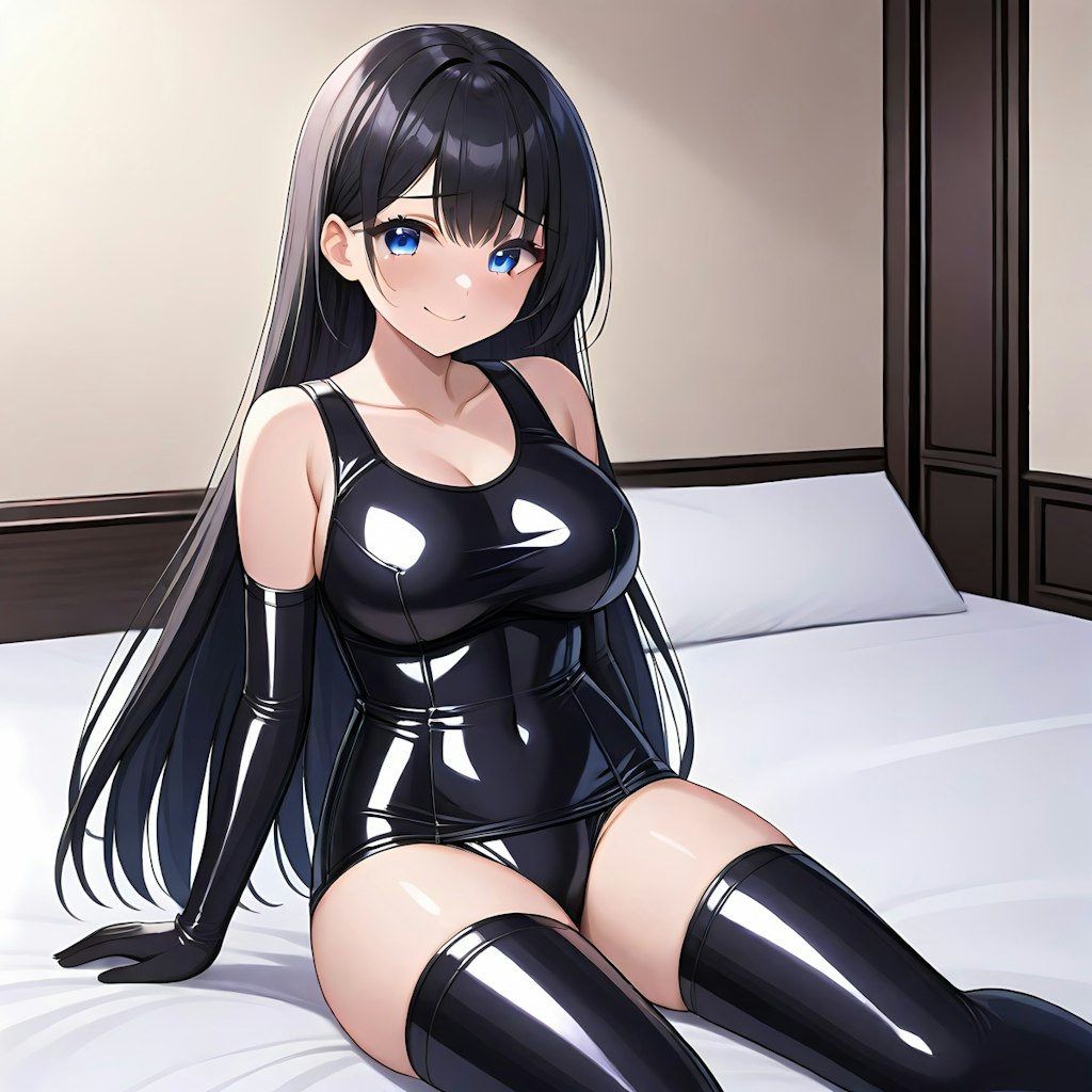 黒エナメル旧型スクール水着長手袋サイハイソックス