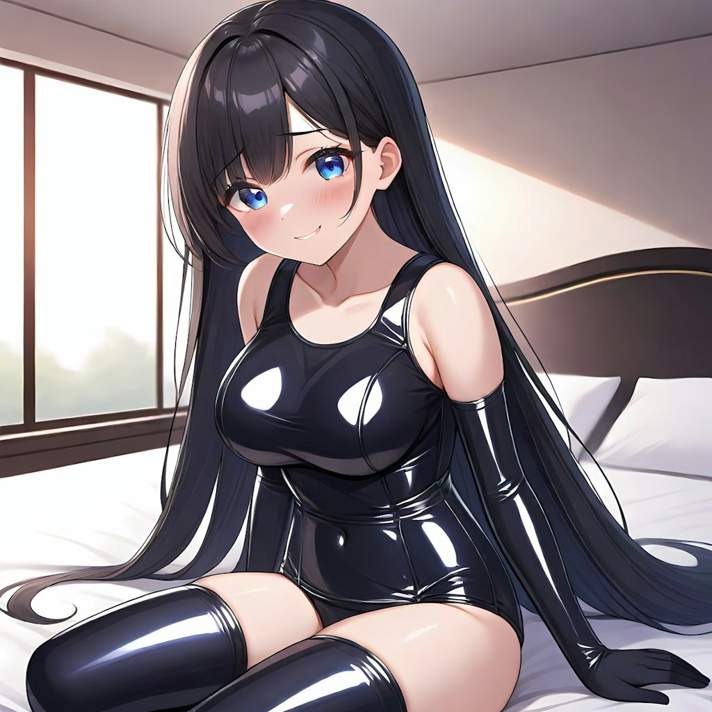 黒エナメル旧型スクール水着長手袋サイハイソックス