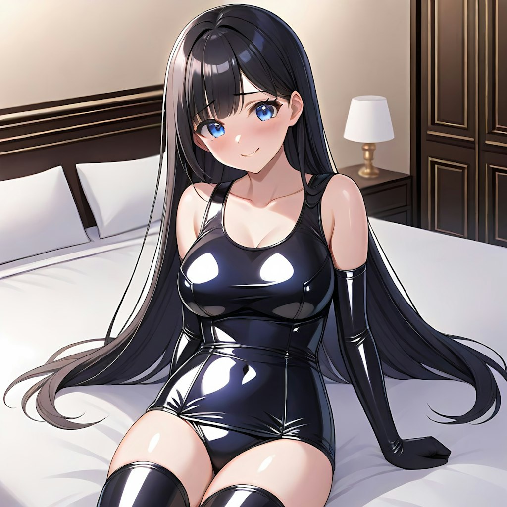 黒エナメル旧型スクール水着長手袋サイハイソックス