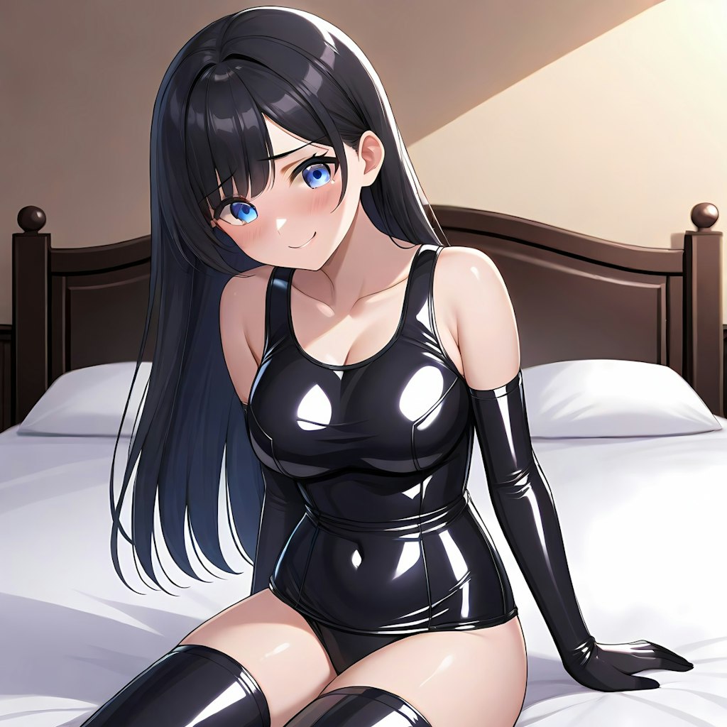 黒エナメル旧型スクール水着長手袋サイハイソックス