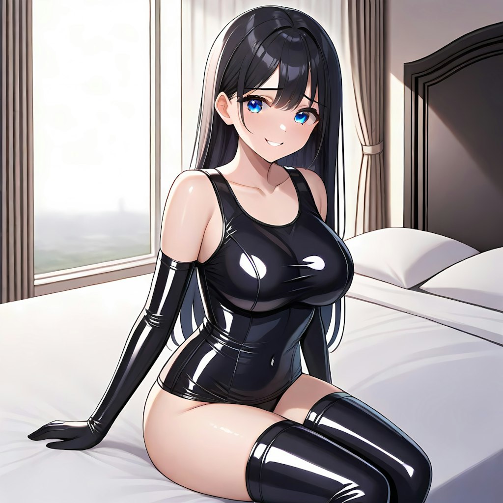 黒エナメル旧型スクール水着長手袋サイハイソックス