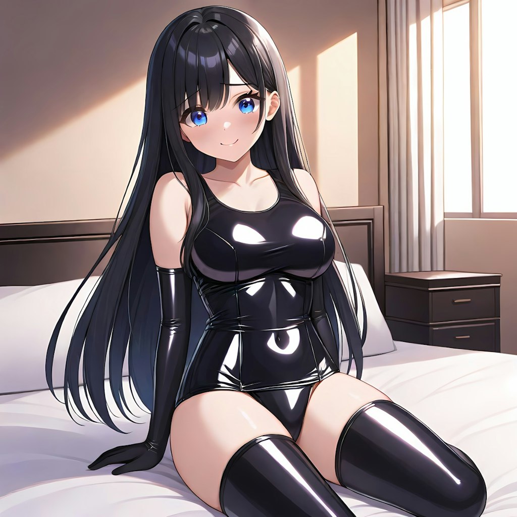 黒エナメル旧型スクール水着長手袋サイハイソックス