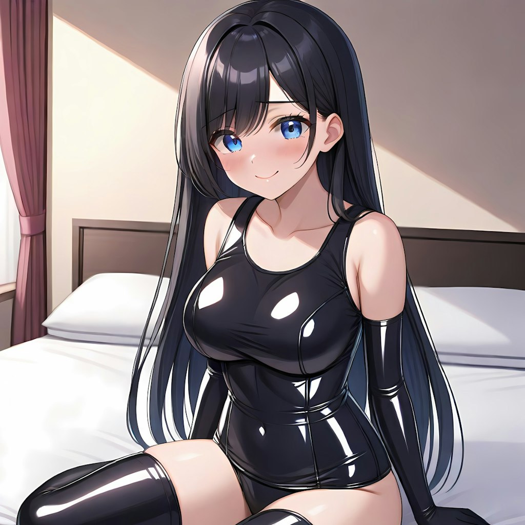 黒エナメル旧型スクール水着長手袋サイハイソックス