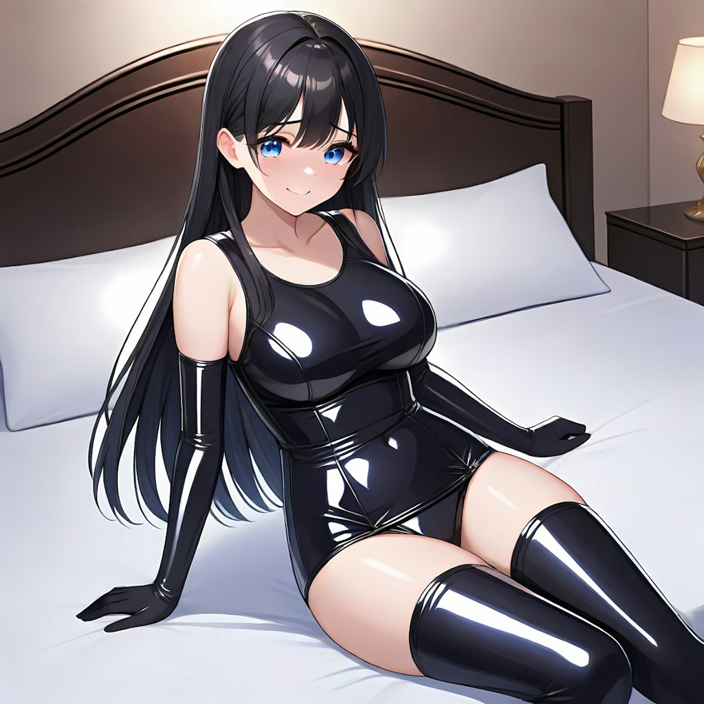 黒エナメル旧型スクール水着長手袋サイハイソックス