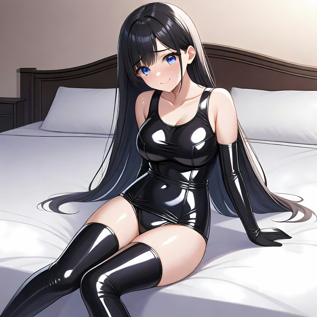 黒エナメル旧型スクール水着長手袋サイハイソックス