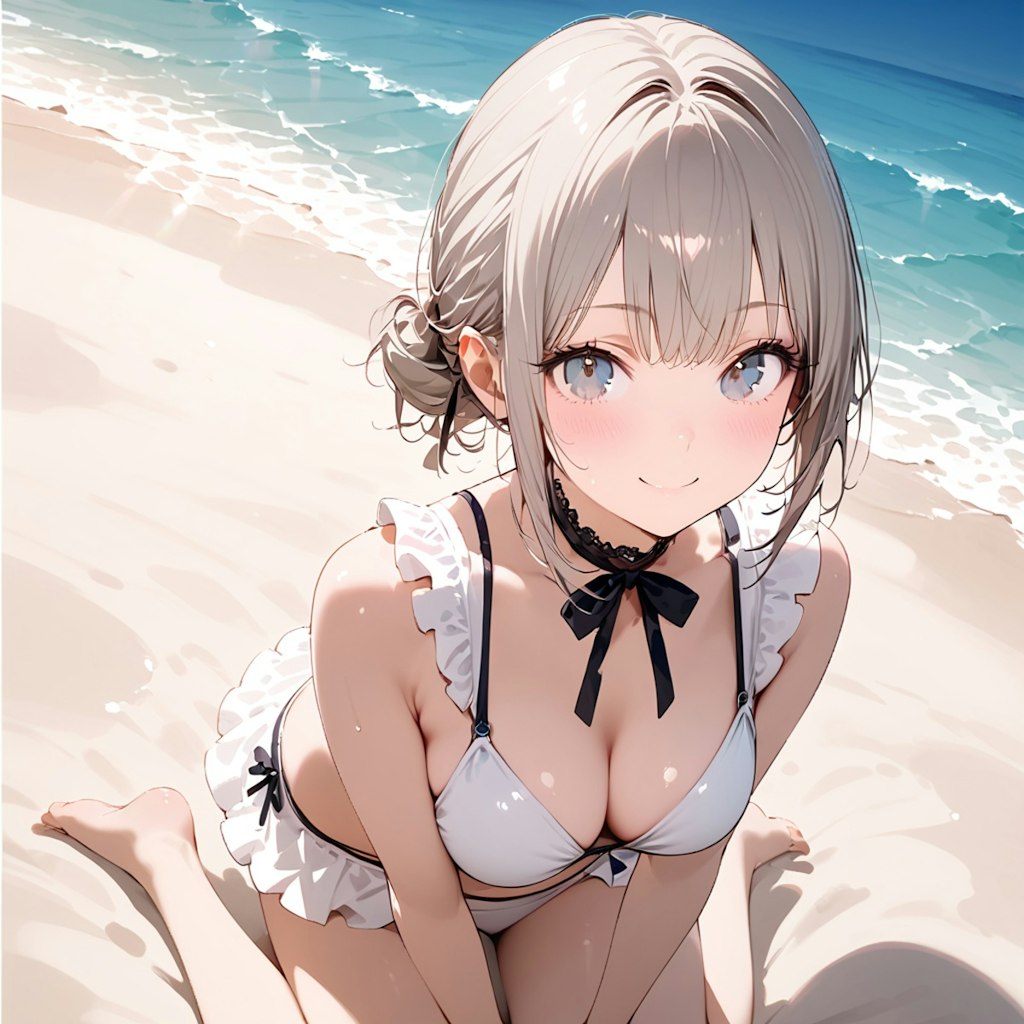 白髪少女と砂浜