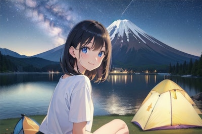 富士山とキャンプ女子