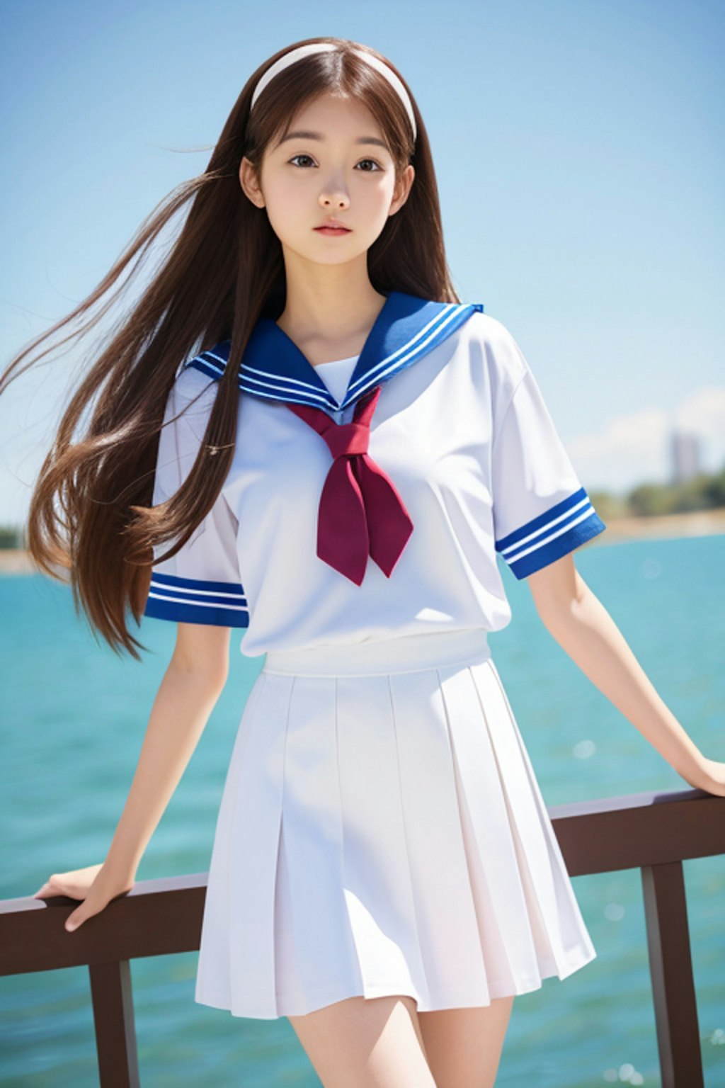 かわいい白のセーラー服　海風が気持ちいい