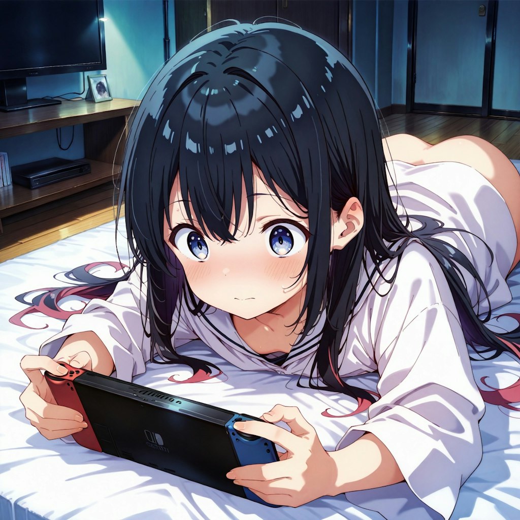 寝そべってゲームする少女