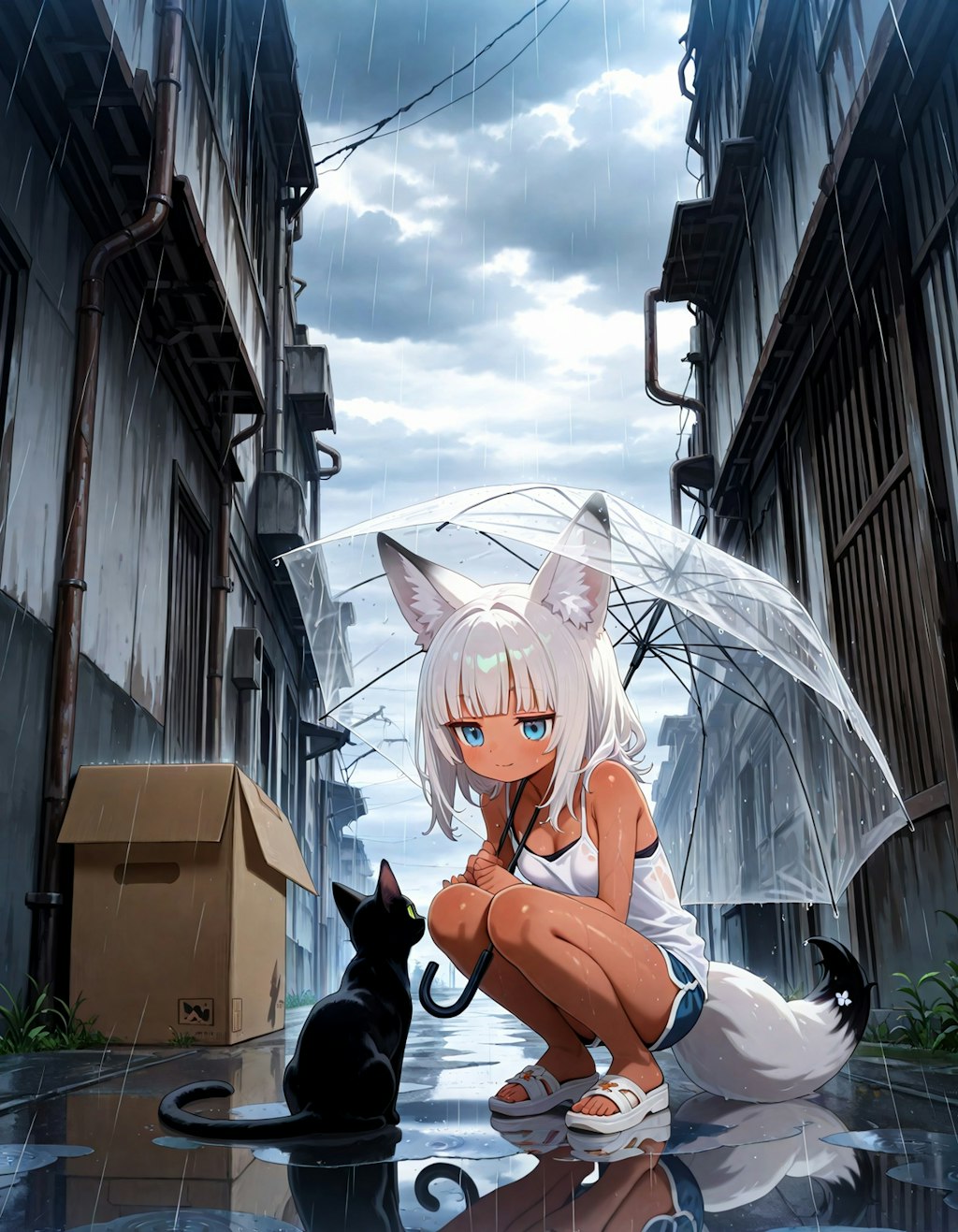 路地裏のノラ猫と白狐ちゃん
