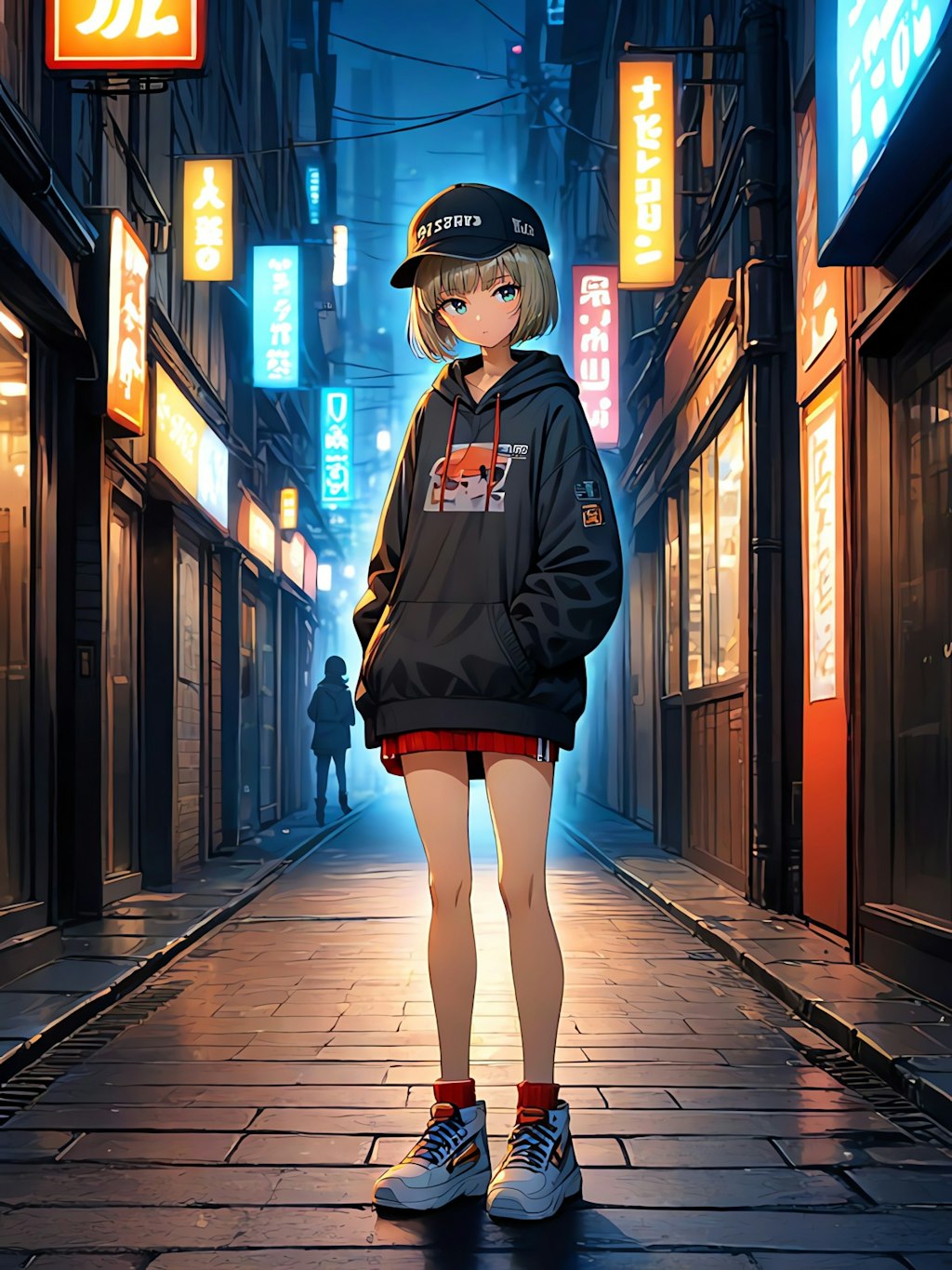 夜の街のパーカー少女