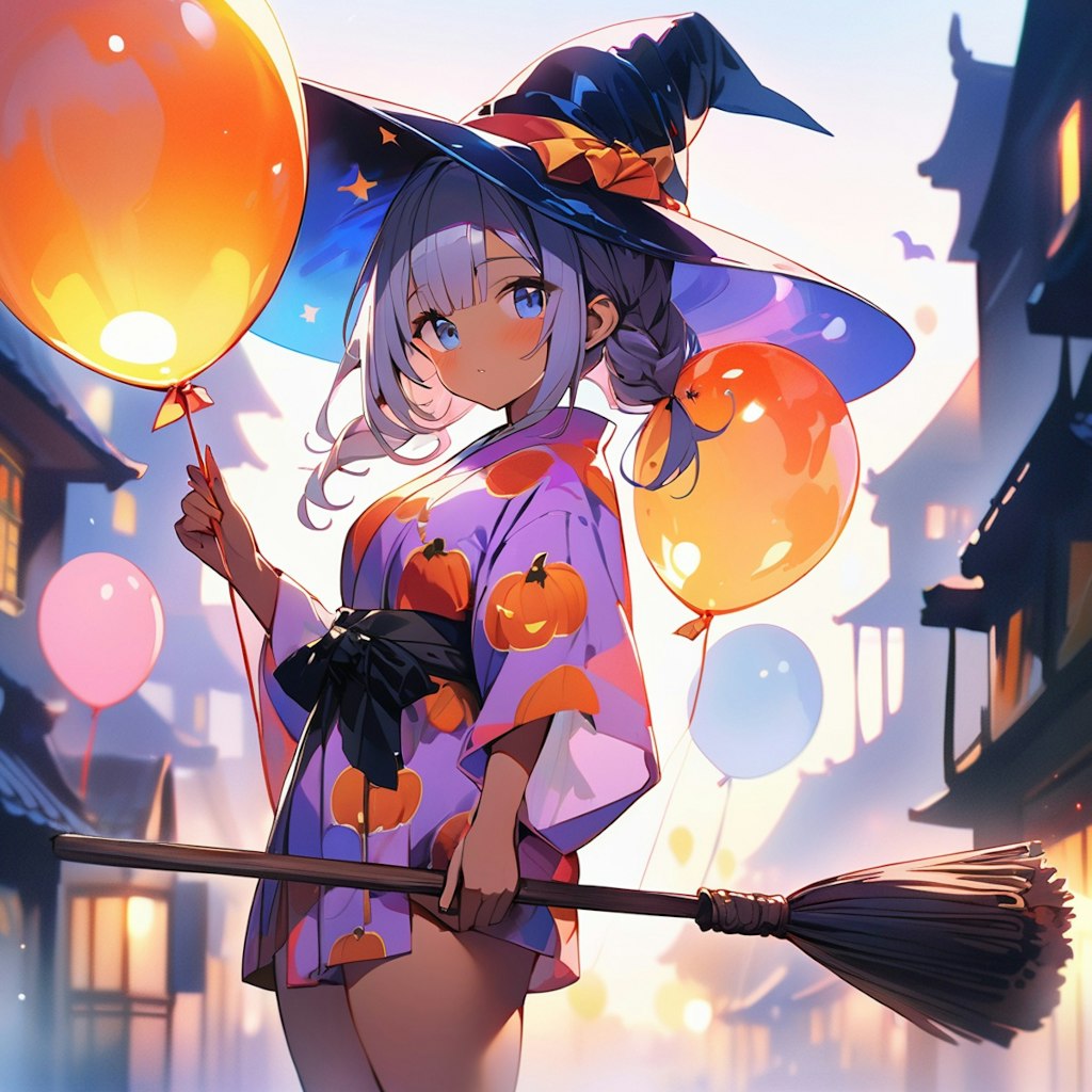 着物のハロウィン衣装の女の子と風船