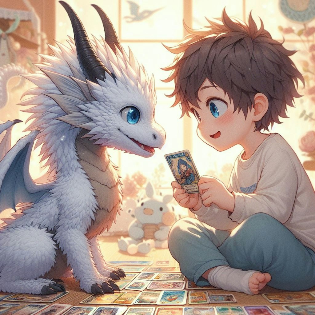 トレカで遊ぶ少年と白いドラゴン