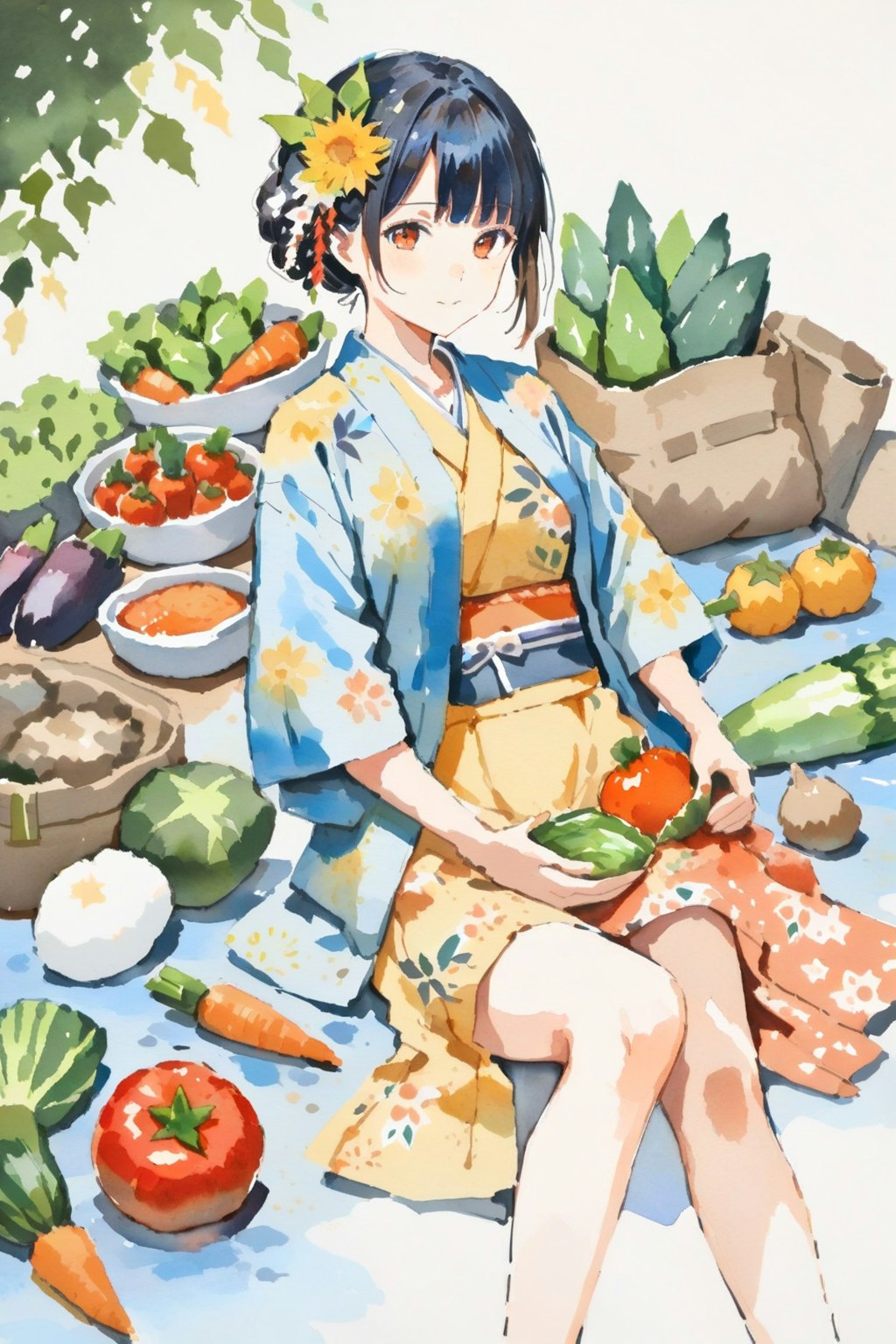夏野菜と浴衣の少女