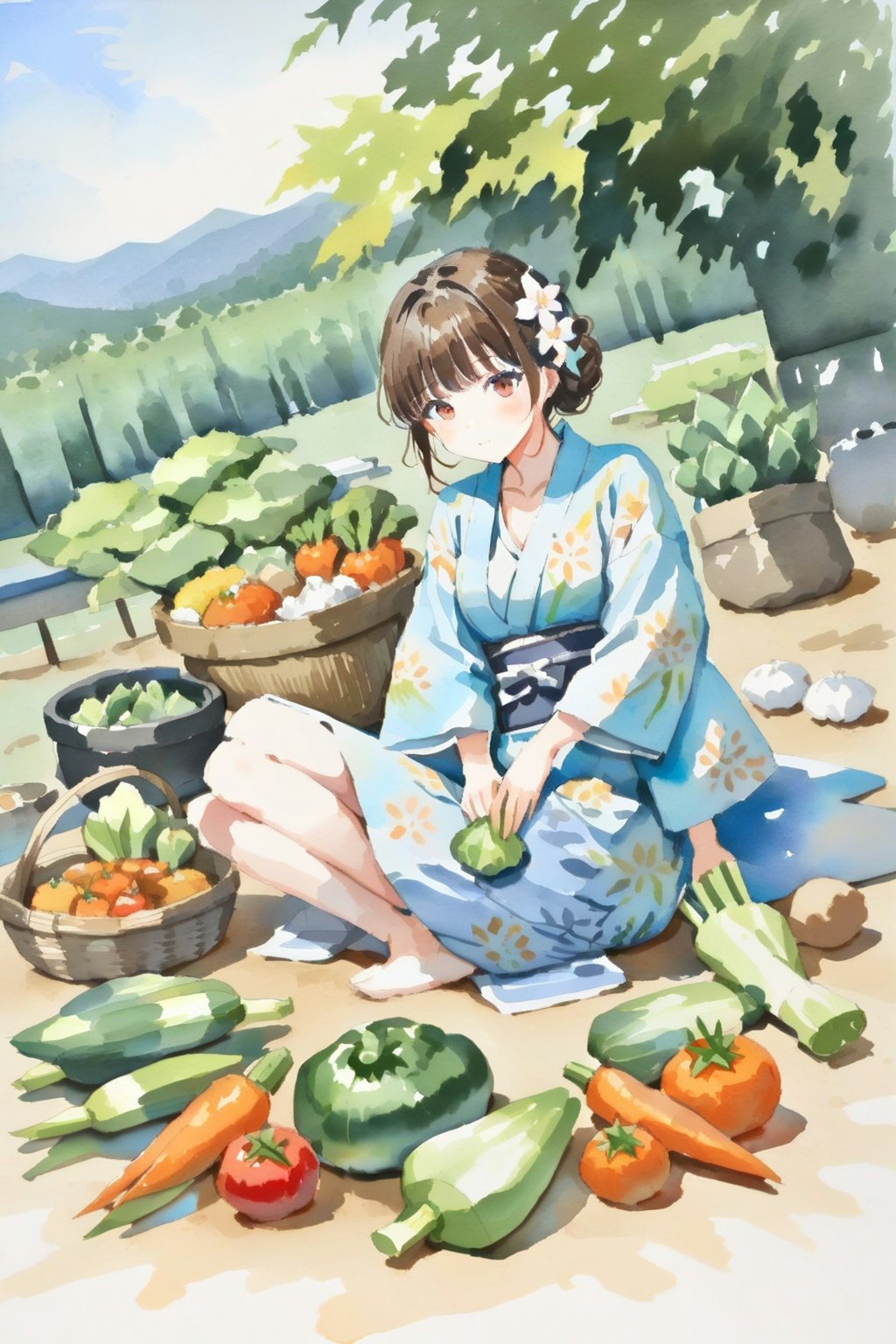 夏野菜と浴衣の少女