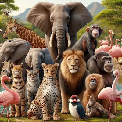 アフリカにいる動物の集合写真