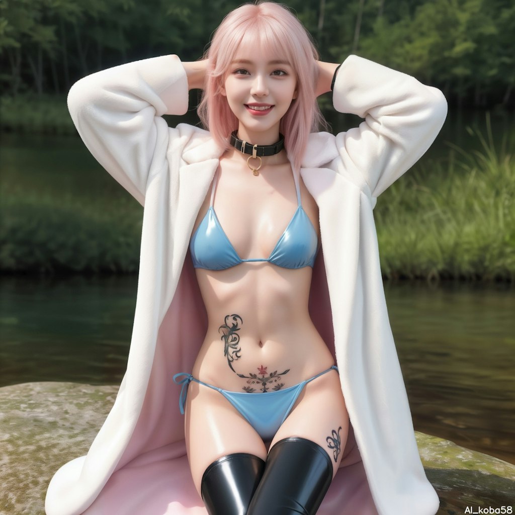 Vol133_pastel color latex bikini+white Faux Fur coat