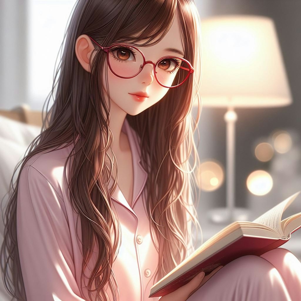 寝室で読書をするメガネをかけた少女(セミリアル)