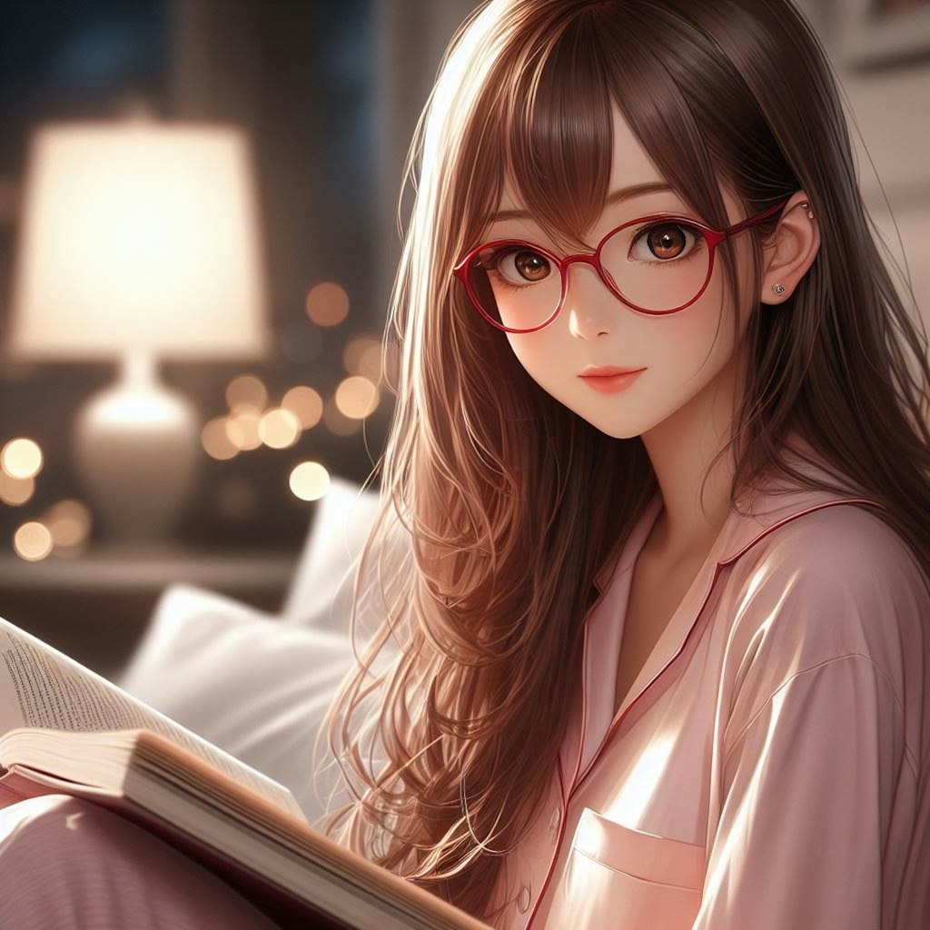 寝室で読書をするメガネをかけた少女(セミリアル)