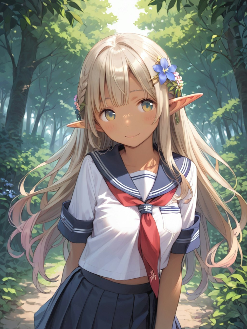 金髪ダークエルフちゃんのセーラー服姿（2枚）