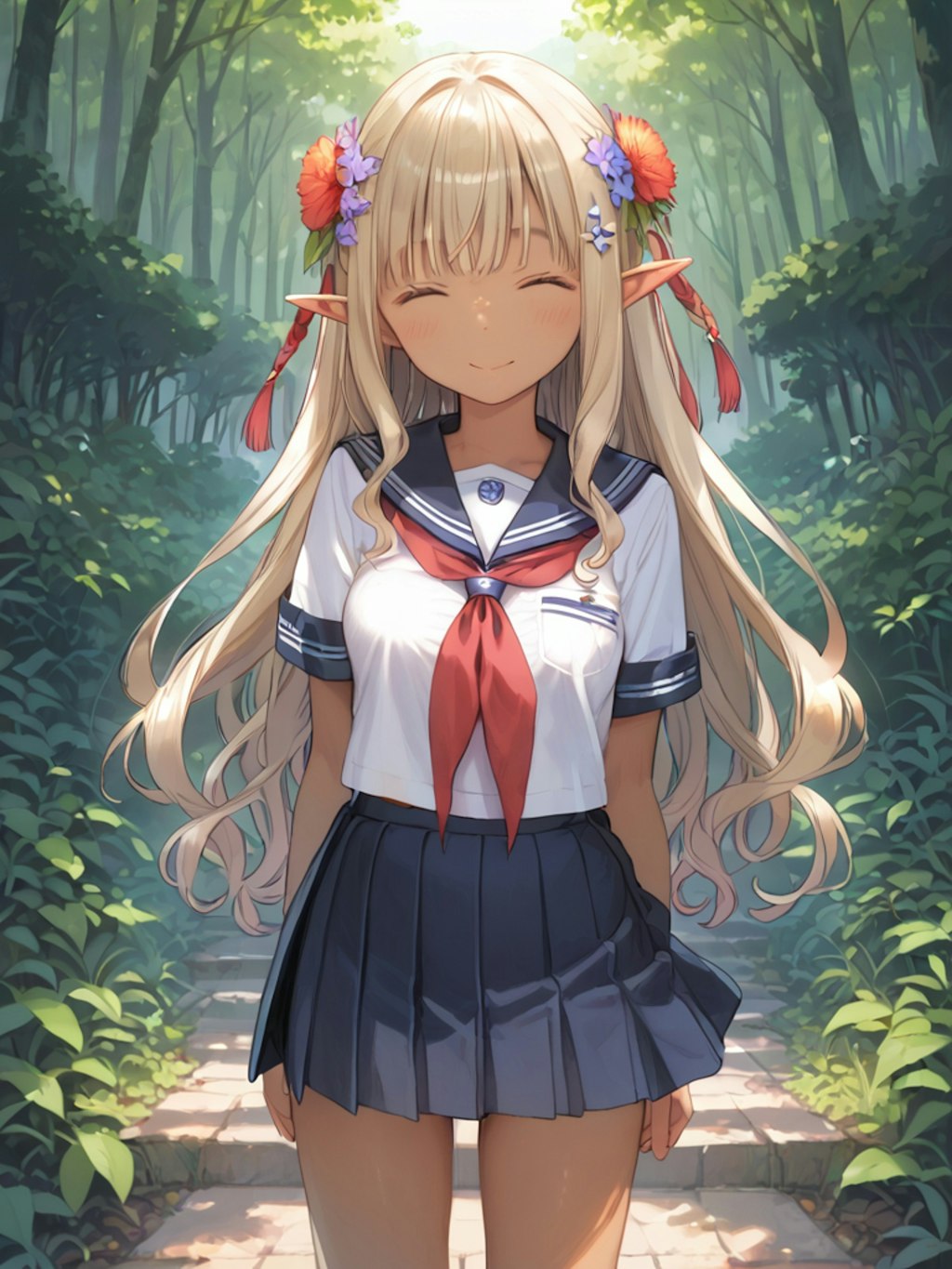 金髪ダークエルフちゃんのセーラー服姿（2枚）
