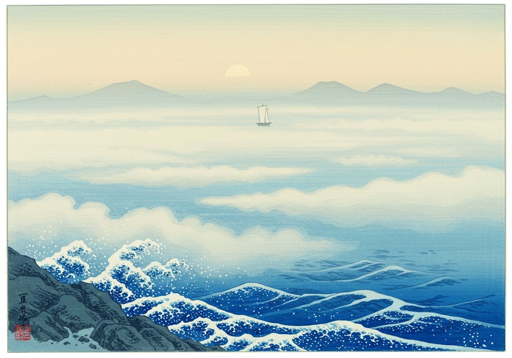 朝霞～磯と帆掛け舟