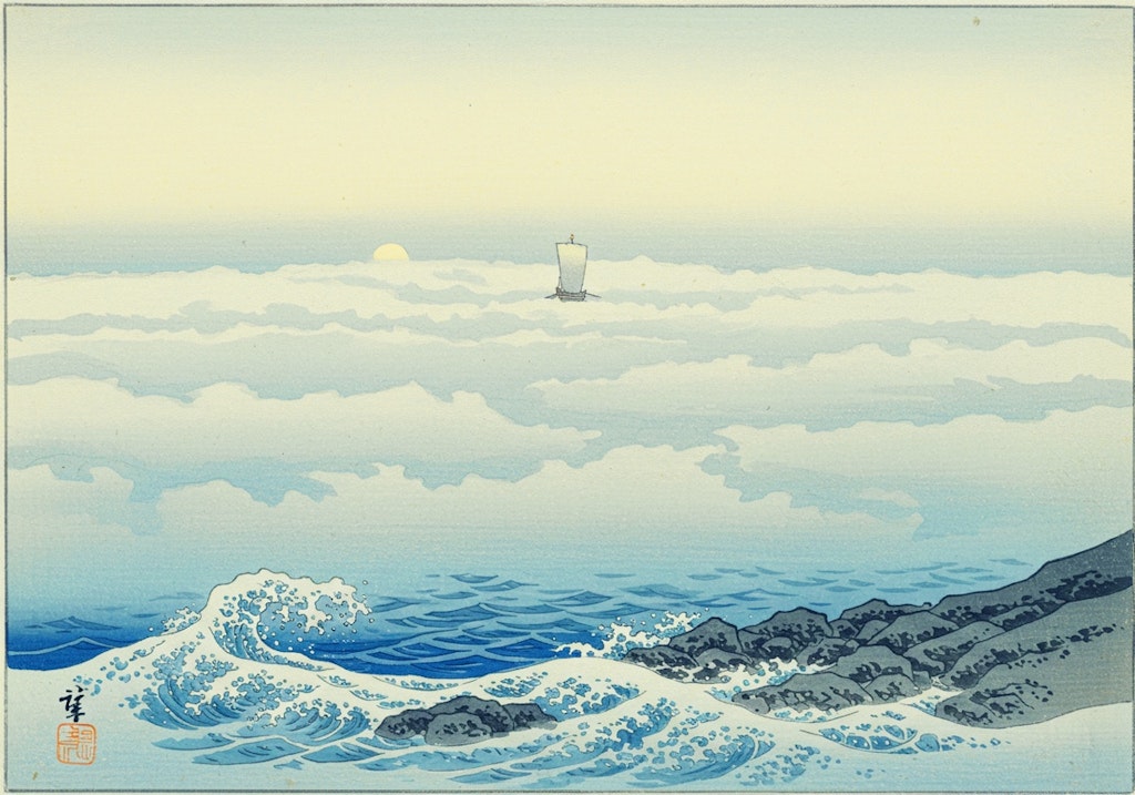 朝霞～磯と帆掛け舟