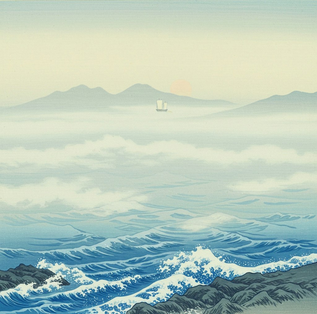 朝霞～磯と帆掛け舟